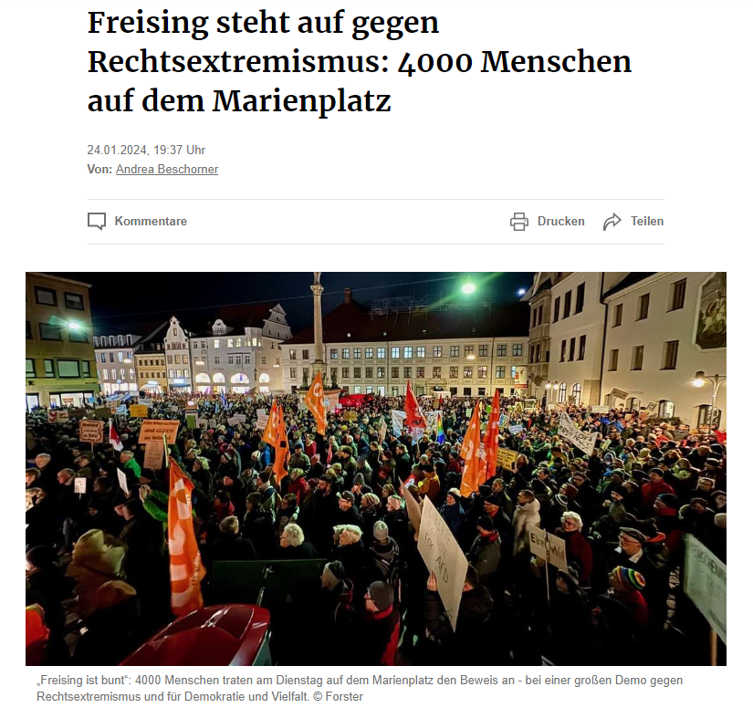 Screenshot Freisinger Tagblatt "Freising steht auf gegen Rechtsextremismus"
