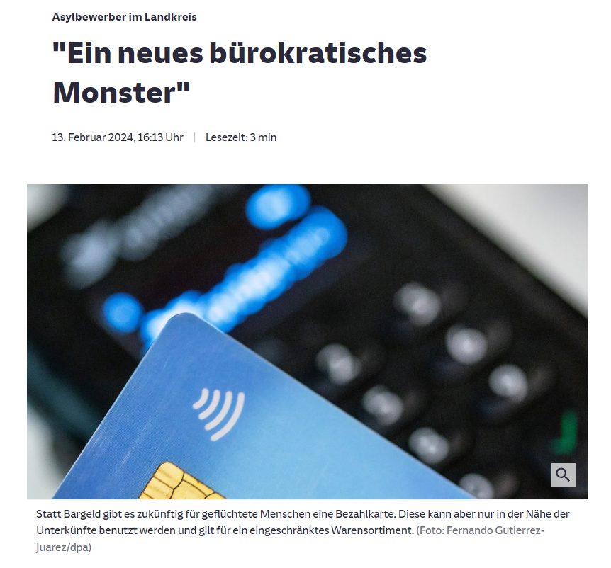Screenshot Süddeutsche Zeitung zum Thema Bezahlkarte für Asylbewerber "Ein neues bürokratisches Monster"