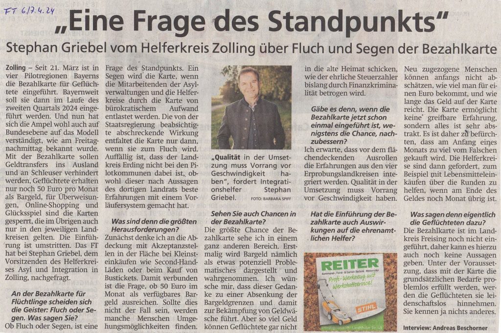 "Eine Frage des Standpunkts" Interview im Freising Tagblatt 6.4.2024